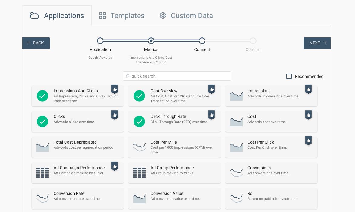  Capture d'écran de la page de sélection des métriques Adwords