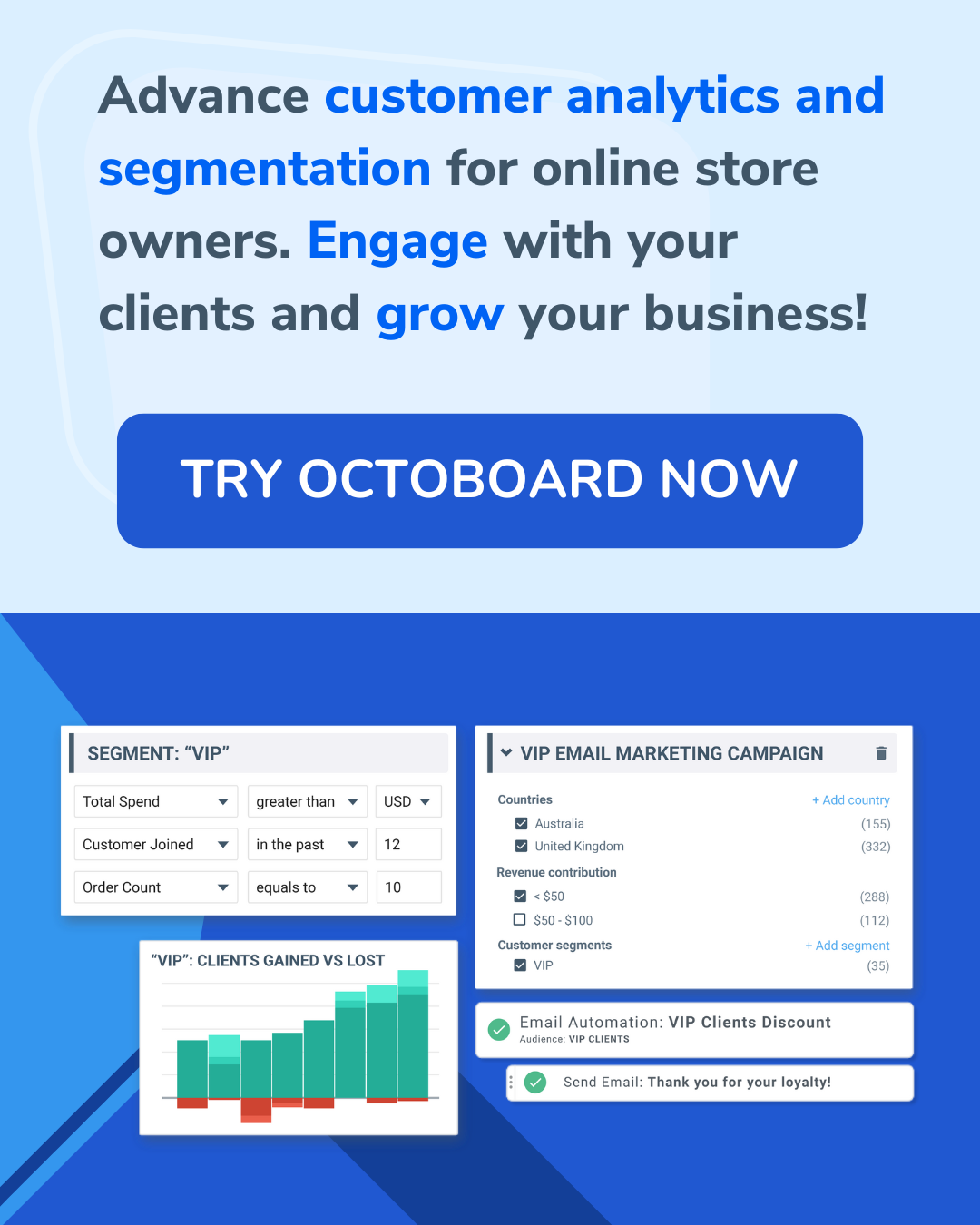 Analisi avanzata dei clienti e segmentazione per i proprietari di negozi online. Coinvolgi i tuoi clienti e fai crescere la tua attività!