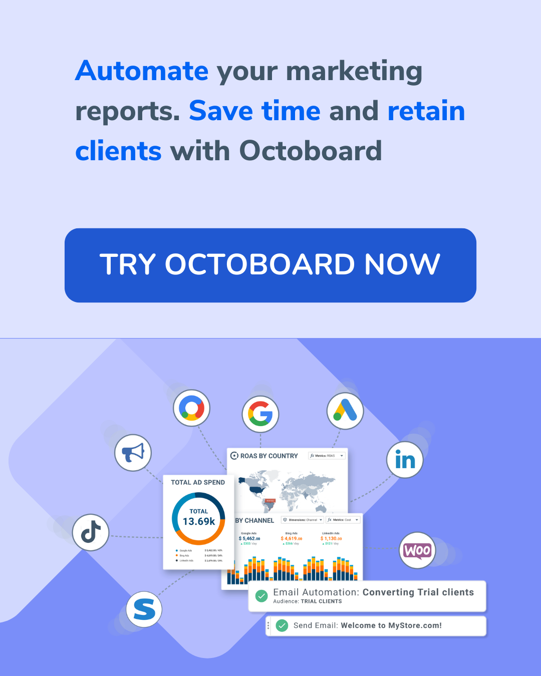 Automatisez tous vos rapports de marketing. Gagnez du temps et fidélisez vos clients avec Octoboard.