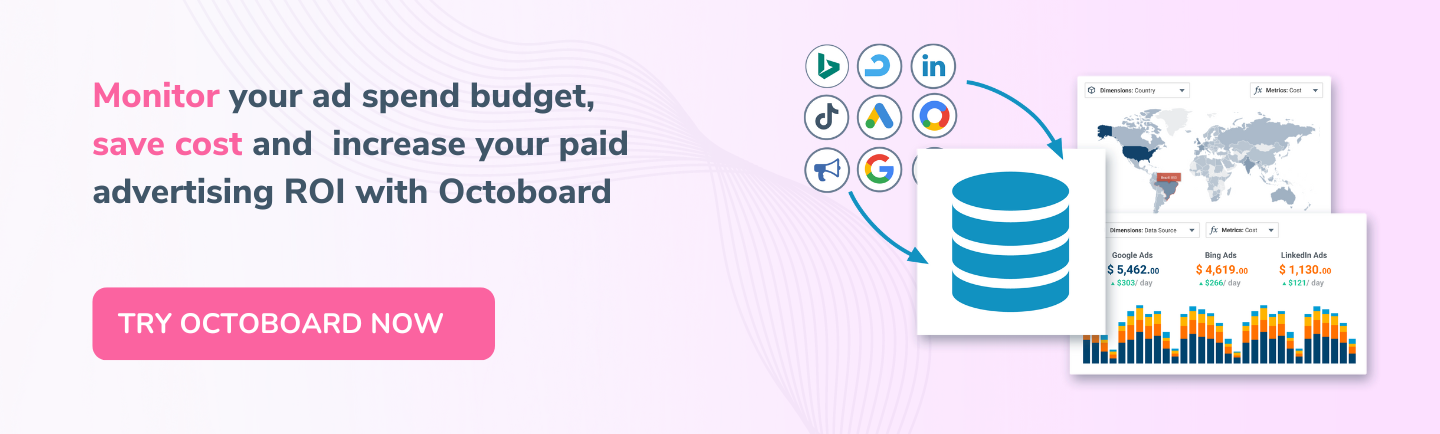 Monitora il tuo budget di spesa pubblicitaria, risparmia costi e aumenta il tuo ROI della pubblicità a pagamento con Octoboard.