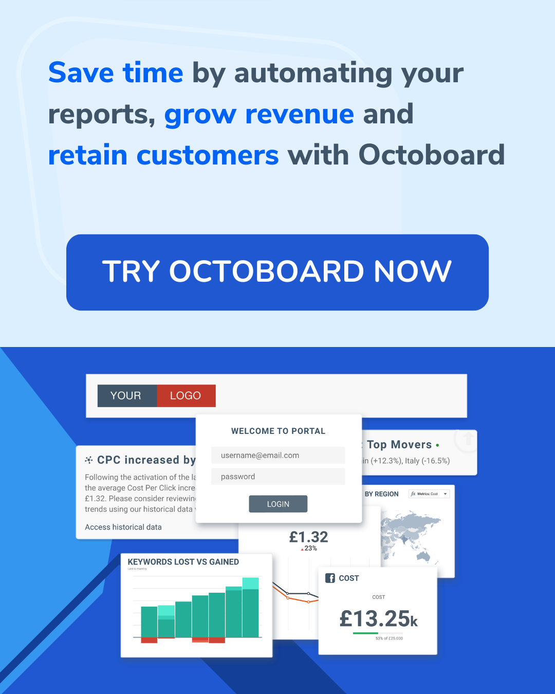 Ahorra tiempo automatizando tus informes, aumenta tus ingresos y retén a tus clientes con Octoboard.