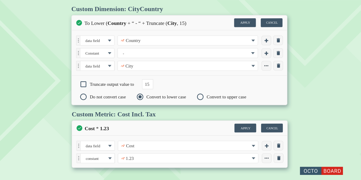 "Personalizzazione di metriche e dimensioni in Octoboard"