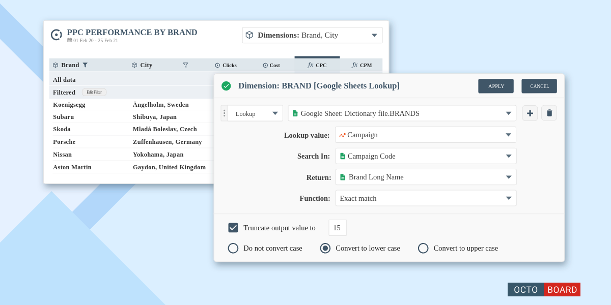 ”Google Sheets lookup feature in Octoboard data analytics platform”