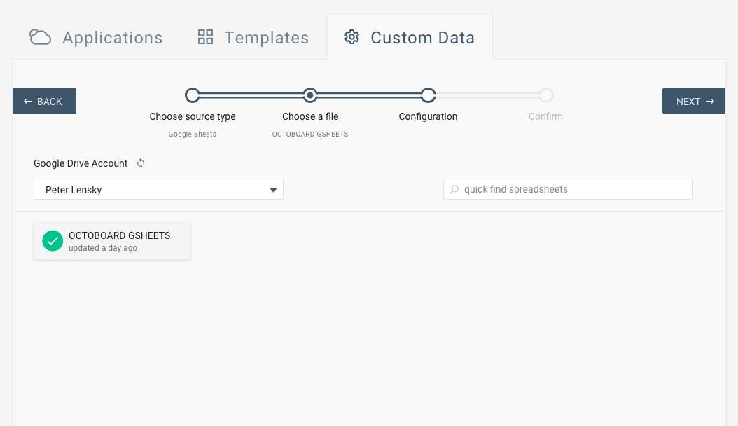 Seleção de documento do Google Sheets - assistente Octoboard