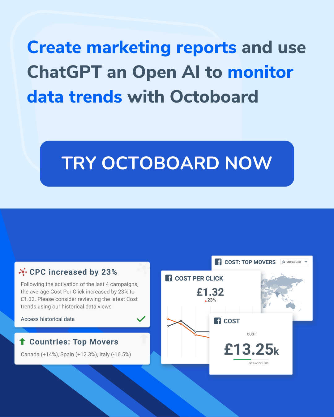 Create marketing reports and use ChatGPT and Open AI to monitor data trends with Octoboard.