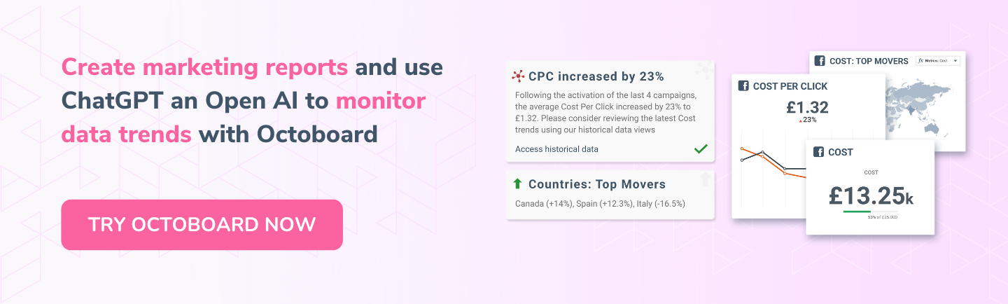 Create marketing reports and use ChatGPT and Open AI to monitor data trends with Octoboard.