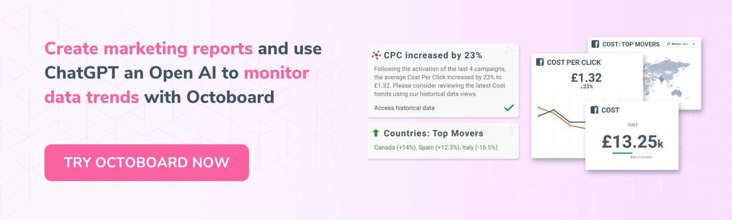 Crie relatórios de marketing e use o ChatGPT e o Open AI para monitorar tendências de dados com o Octoboard.