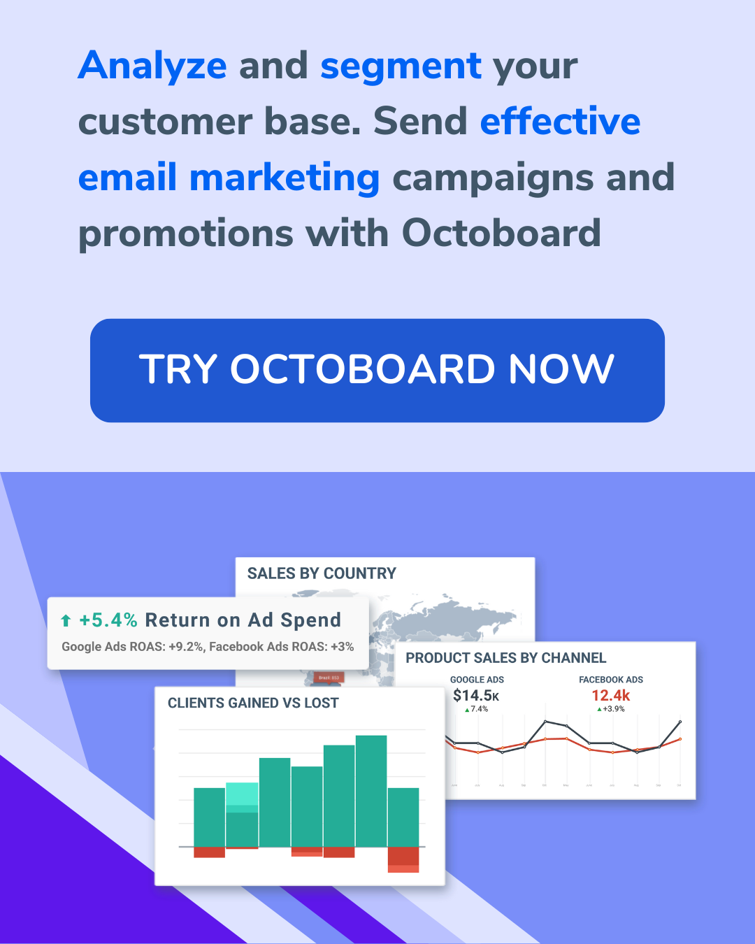 Analiza y segmenta tu base de clientes. Envía campañas de marketing por correo electrónico y promociones efectivas con Octoboard.