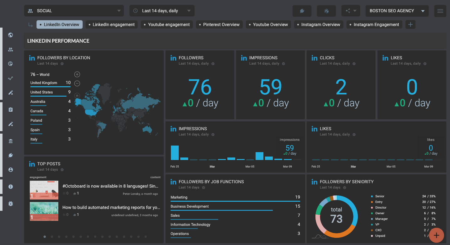 OCTOBOARD dashboards, templates and reports gallery: Linkedin template for online marketing dashboards