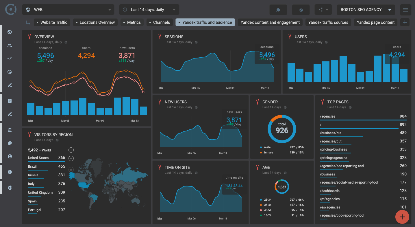 Template for generated report: Yandex metrika traffic and audience dashboard