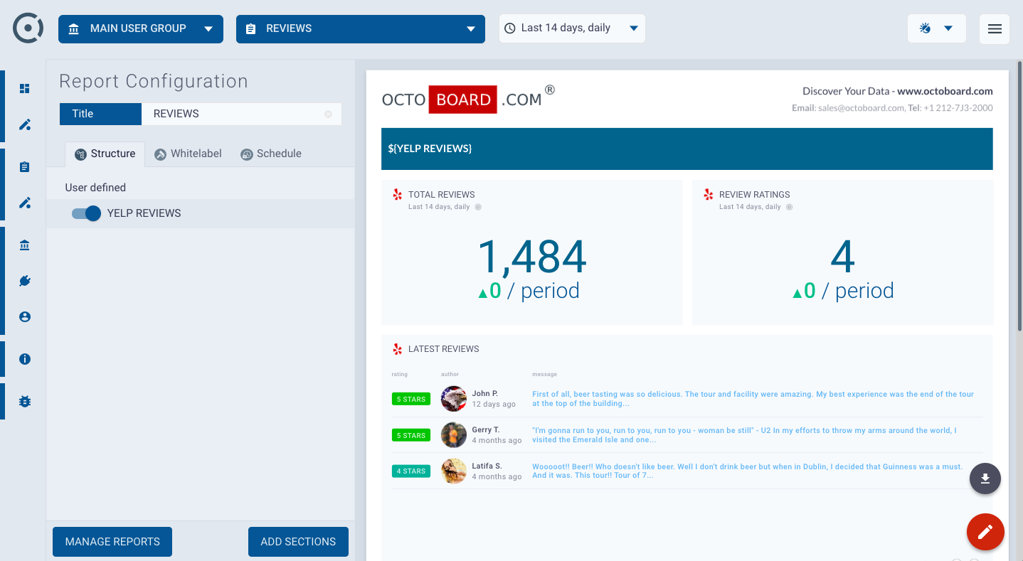 OCTOBOARD dashboards, templates and reports gallery: Yelp marketing report