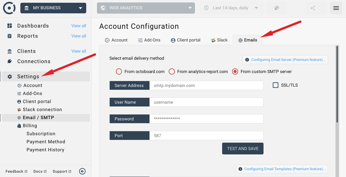 Accessing email configuration in octoboard