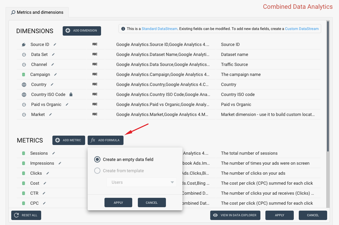 Add formula button in combined data stream