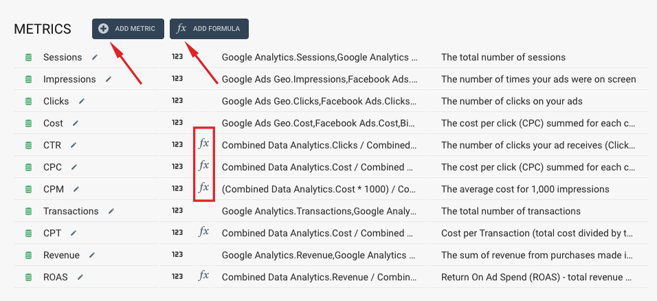 Add metric and add formula buttons