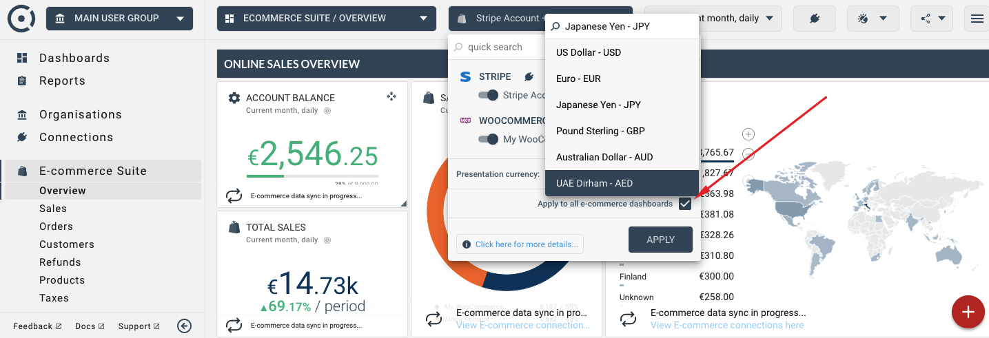 Applying ecommerce settings for all dashboards and reports