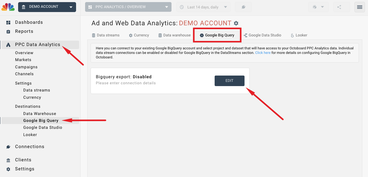 Bigquery configuration panel in octoboard