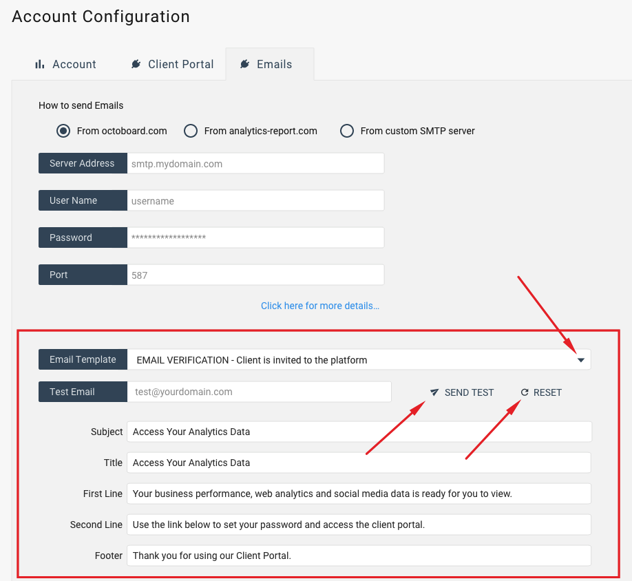 Configuring email templates in octoboard