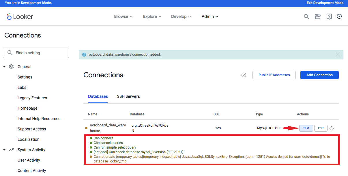 Connections list in looker