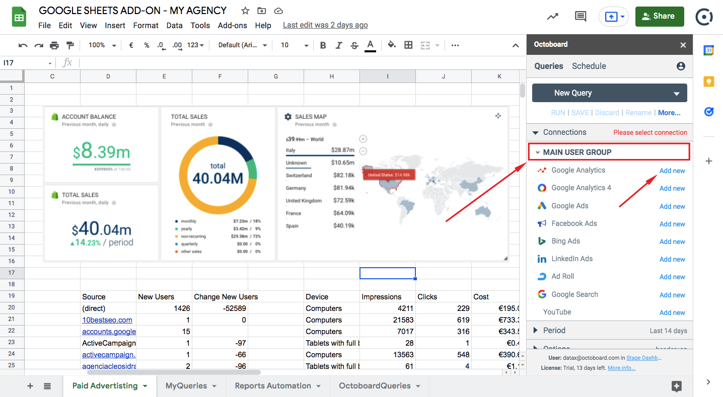 Connections panel in google sheets add on