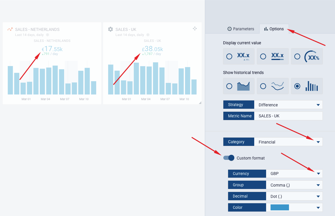 Currencies in data widgets