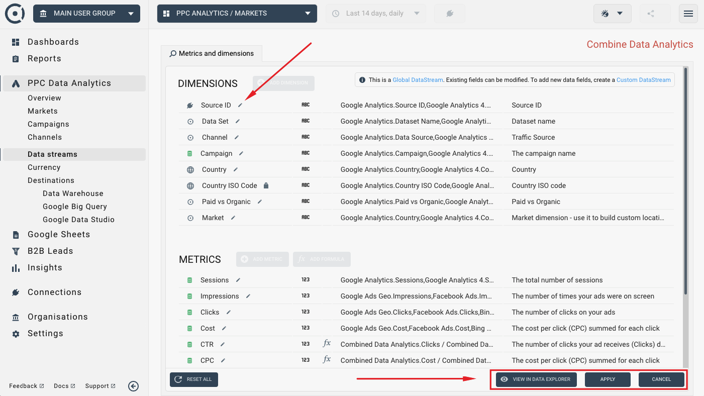 Data stream metrics and dimensions