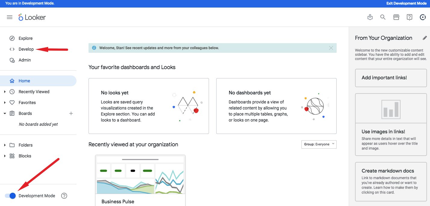 Development mode in looker