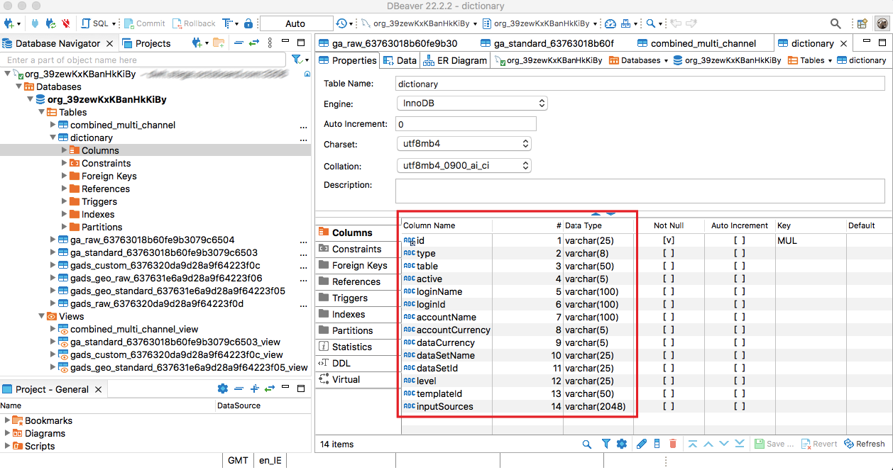 Dictionary table data fields