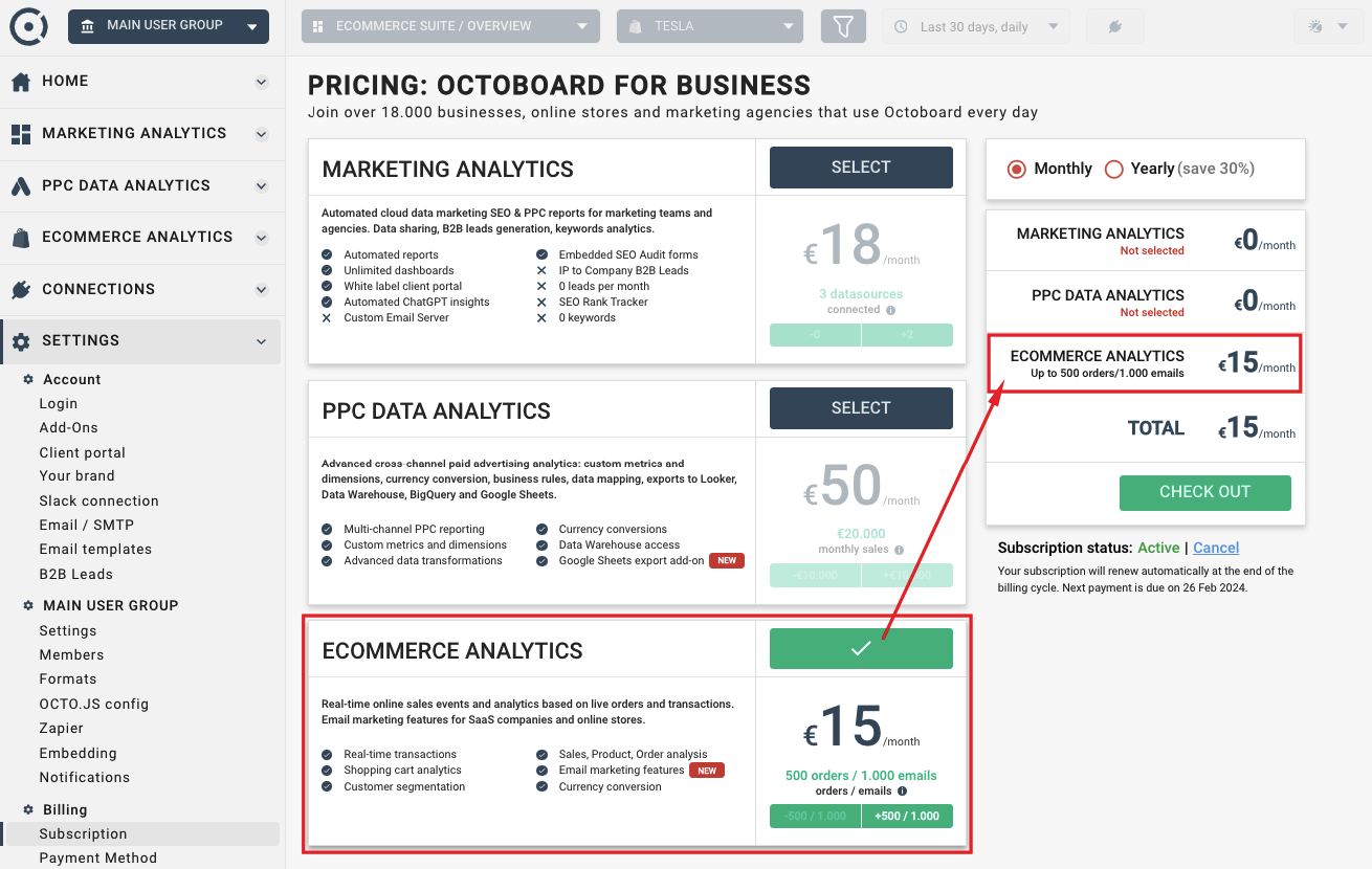 Ecommerce suite pricing information in octoboard