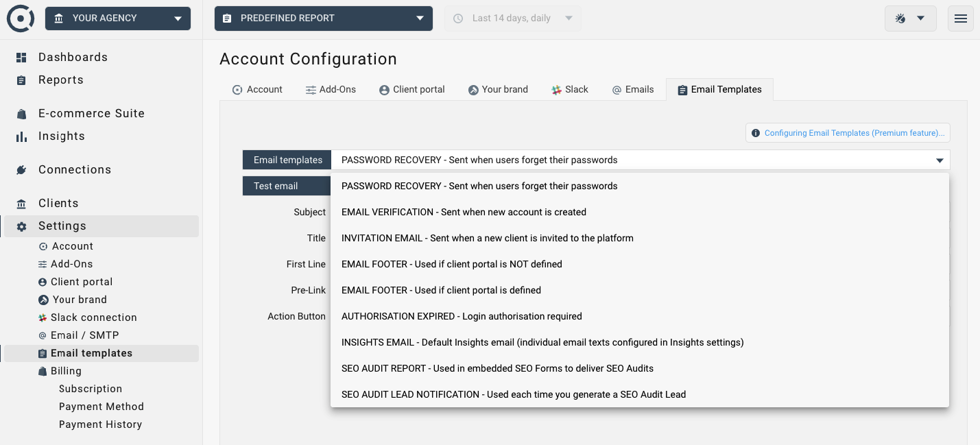 Email templates configuration