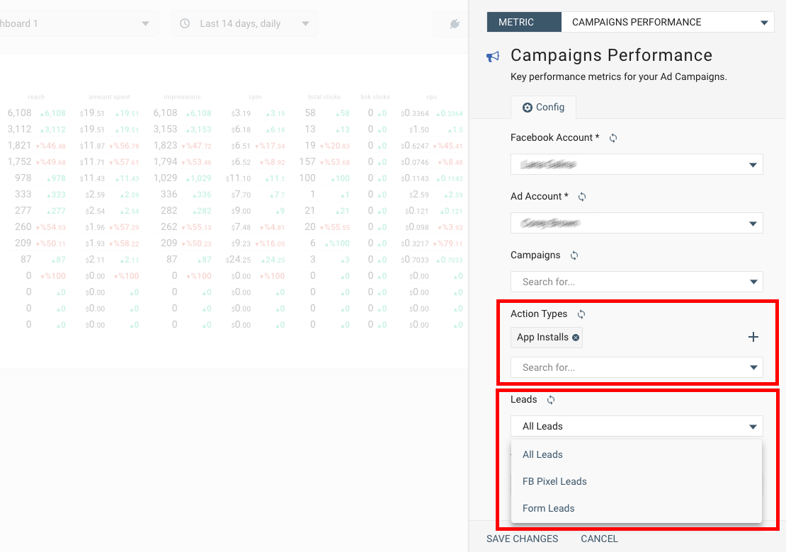 Facebook ads campaign config screen