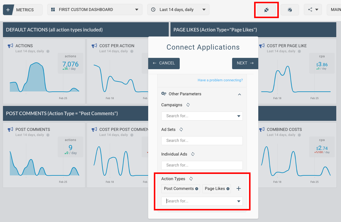 Facebook ads dashboard configuration