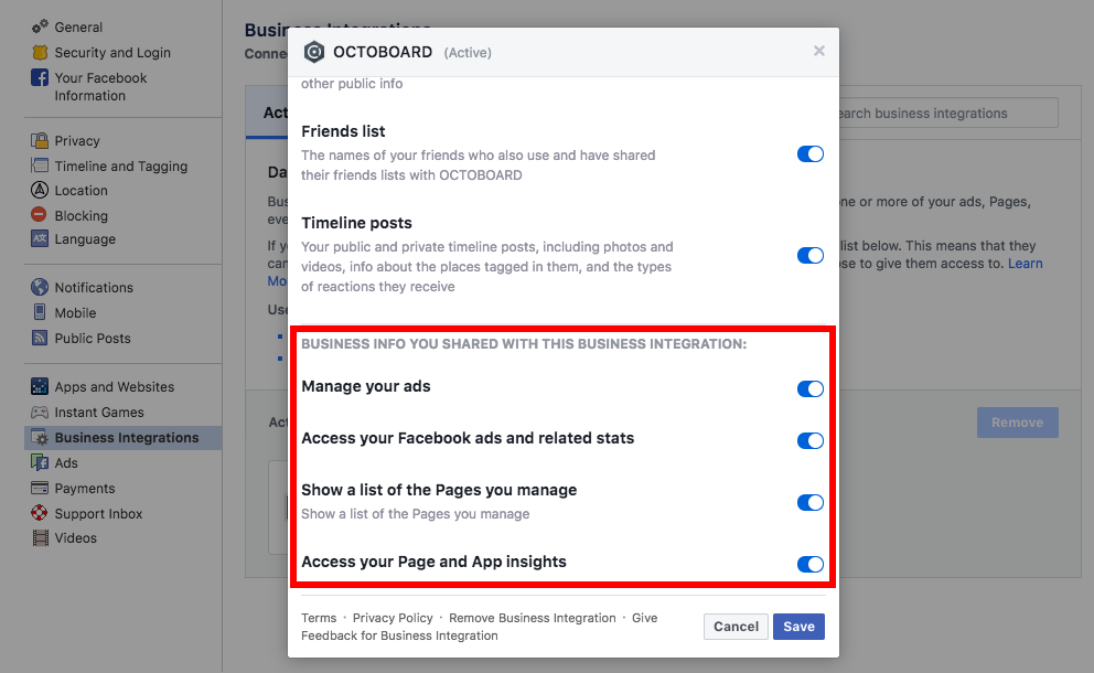 Facebook connection octoboard config