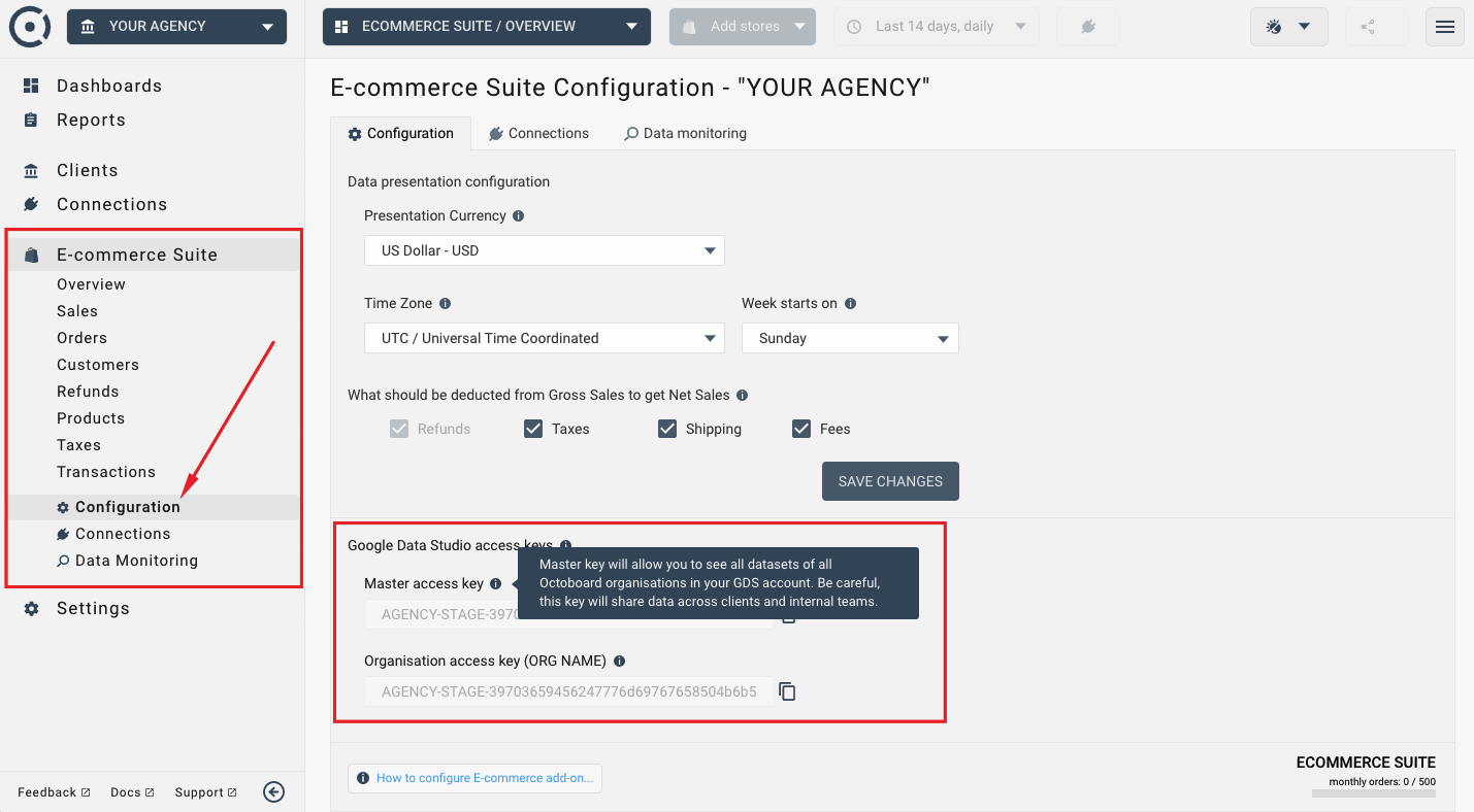 Google data studio access key in octoboard ecommerce suite