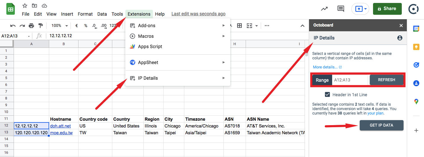 Google sheets sidebar loaded ip details