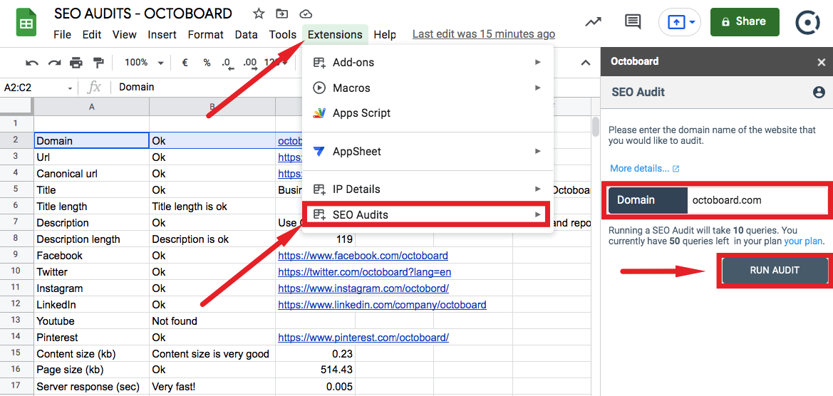 Google sheets sidebar loaded seo audit