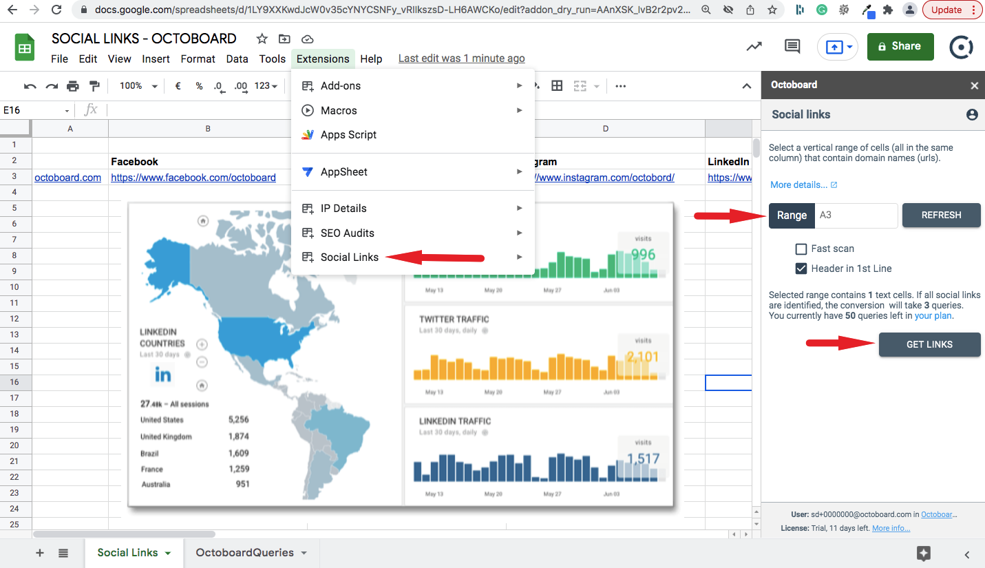 Google sheets sidebar loaded social links