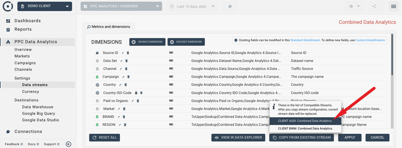 How to clone an existing data stream configuration