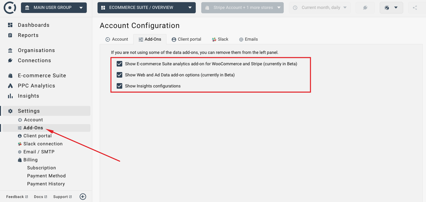 How to configure addon visibility in octoboard