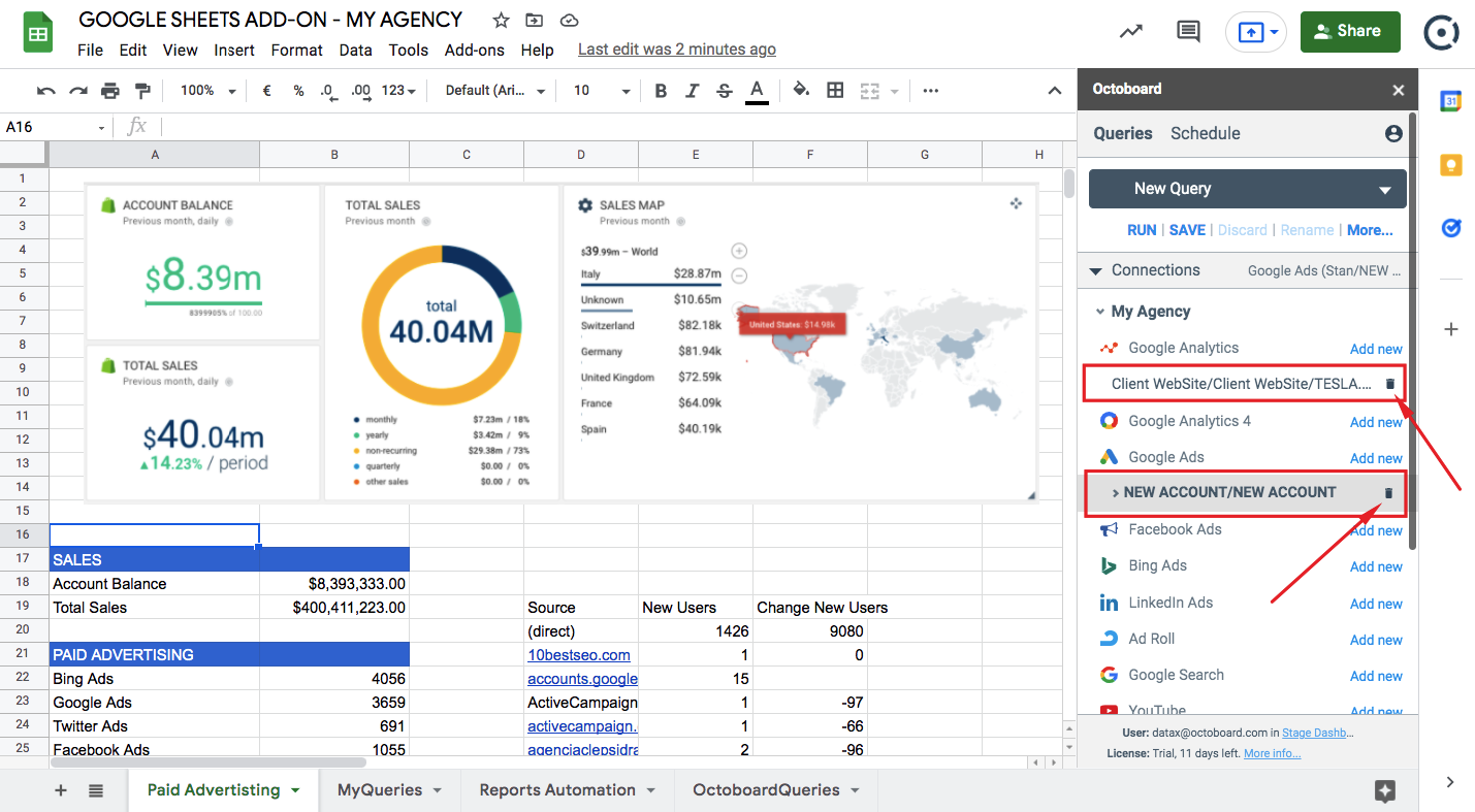 How to delete data connection from google sheets add on