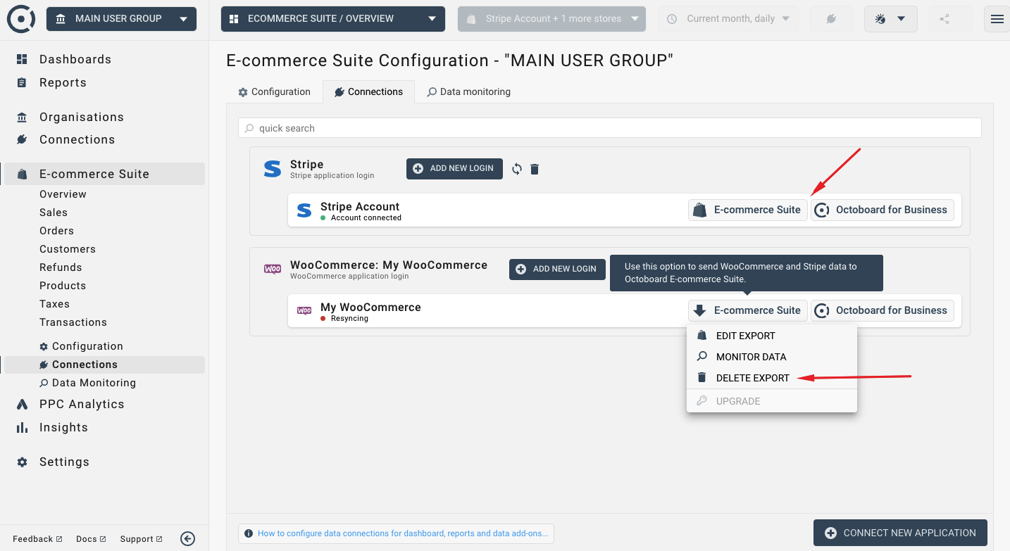 How to remove ecommerce suite connection from octoboard