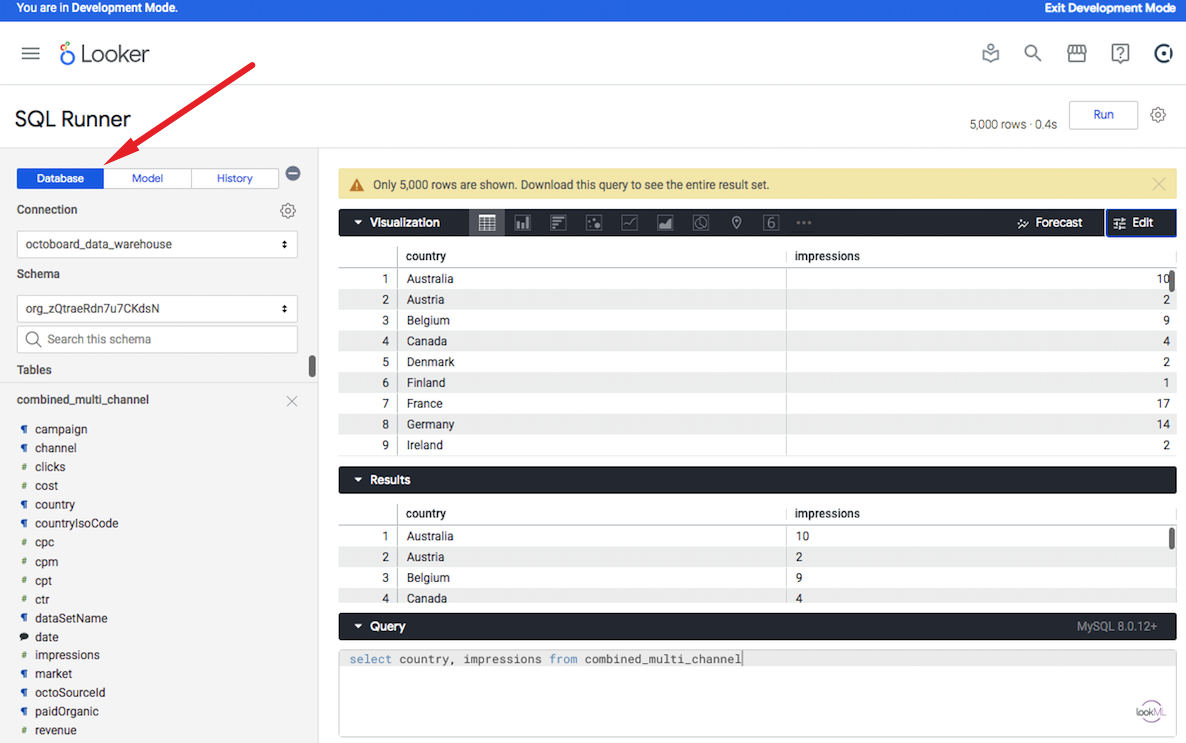 How to run database query in looker