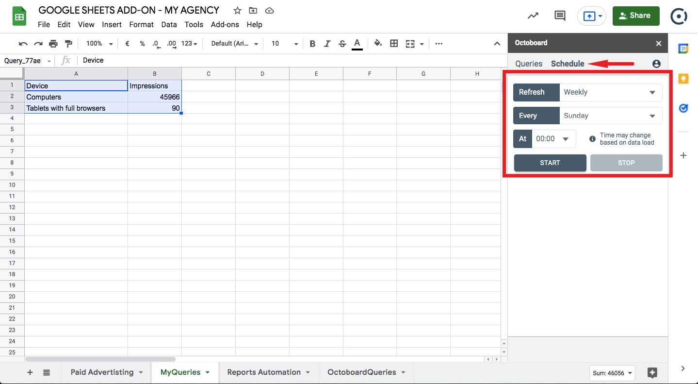How to schedule automated queries in google sheets add on