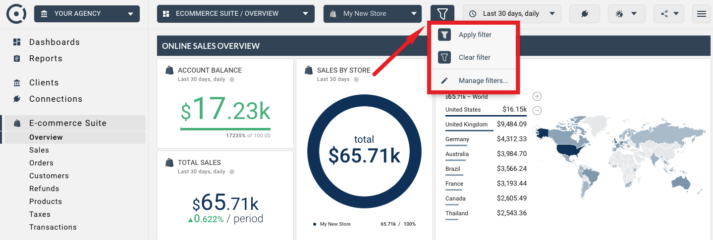 How to turn on ecommerce filters in dashboards