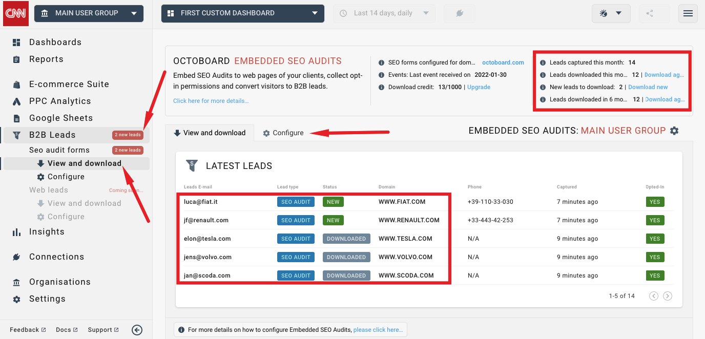 Lead generation configuration screen