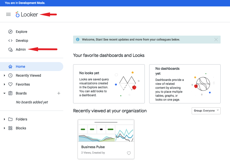 Locate administration console in looker