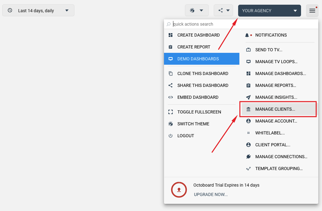 Manage clients menu in octoboard