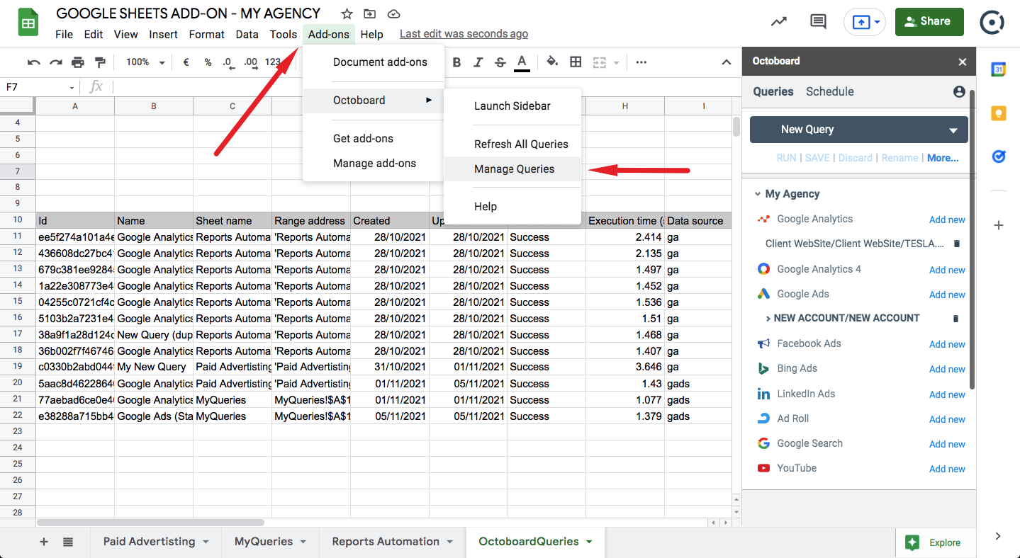 Manage queries option in google sheets