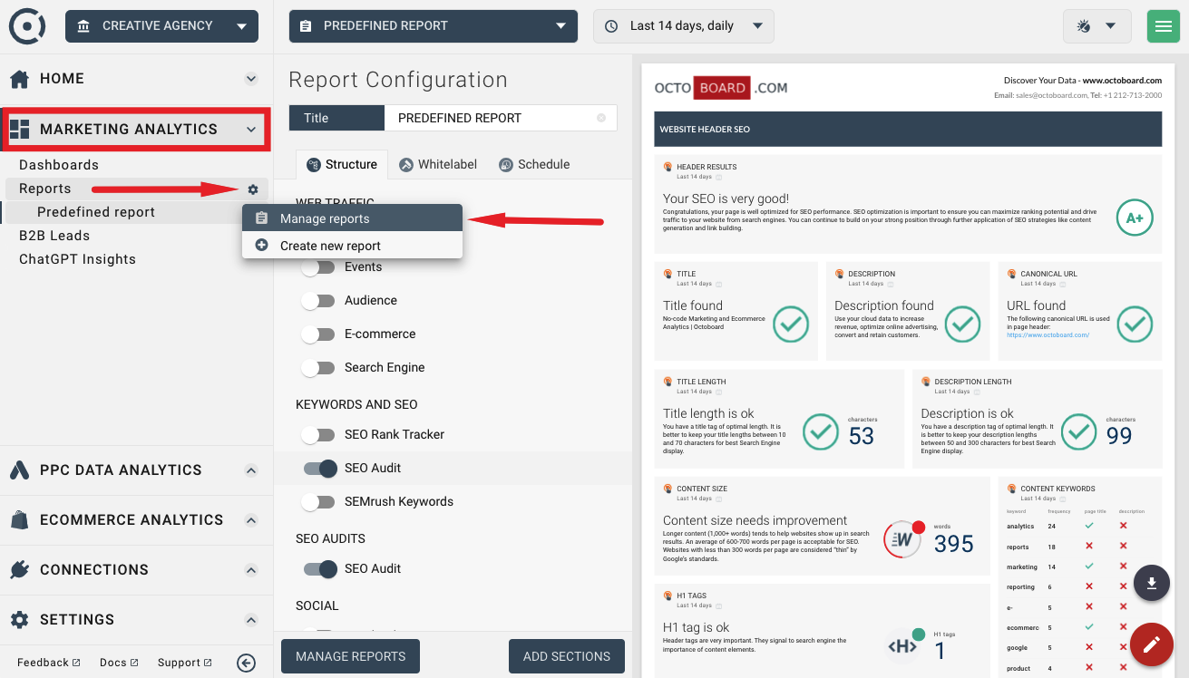 Manage reports option