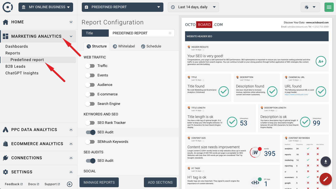 Menu predefined report in octoboard