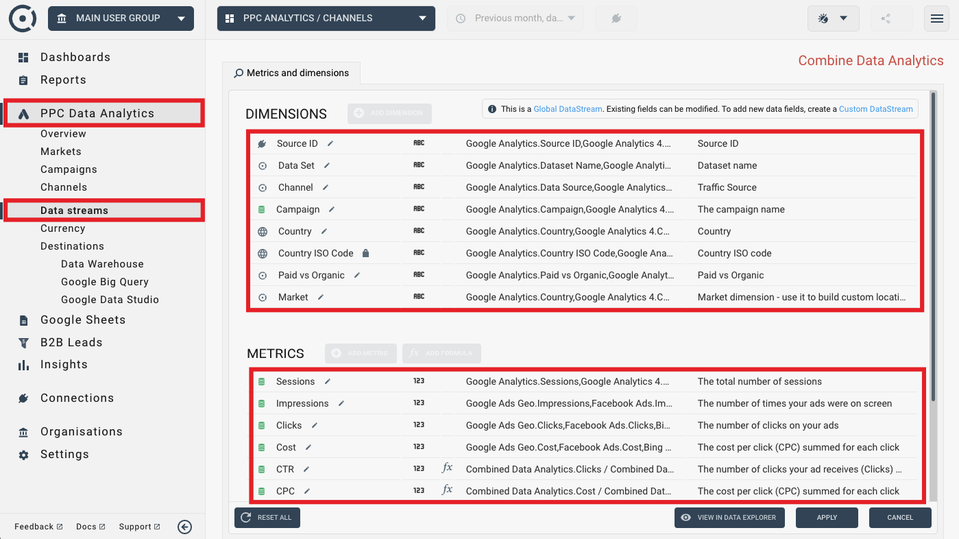 Multi channel metrics and dimensions